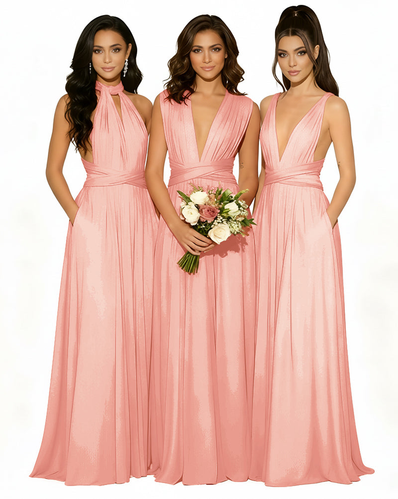 Versatile Bridesmaid Maxi Inifity Dress with Convertible Straps and Pockets Regular Plus size Wedding Bridal Party Bridemaids Gowncoral 