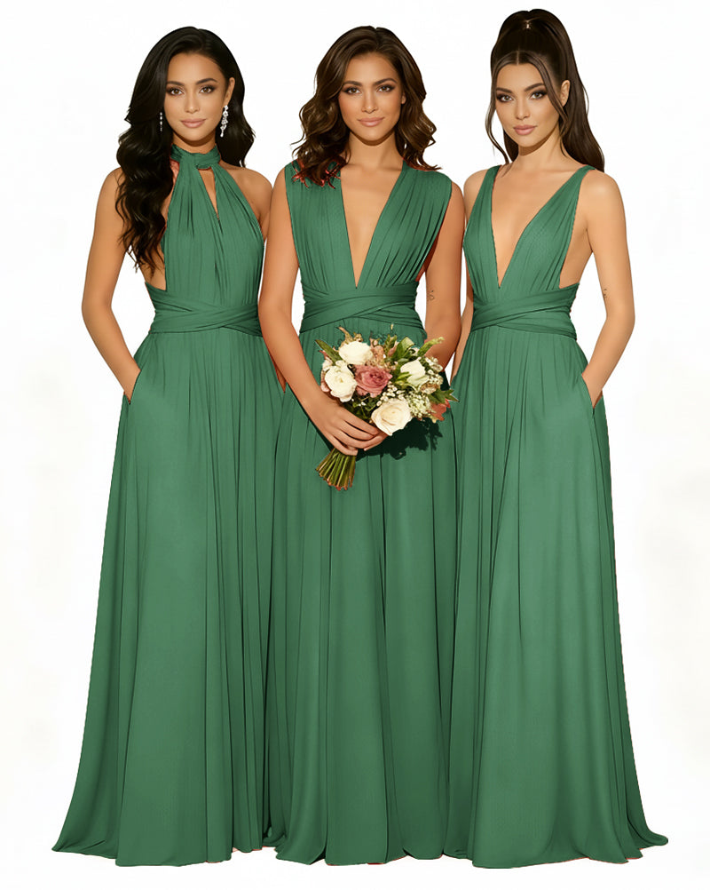 Versatile Bridesmaid Maxi Inifity Dress with Convertible Straps and Pockets Regular Plus size Wedding Bridal Party Bridemaids Gowndark green 