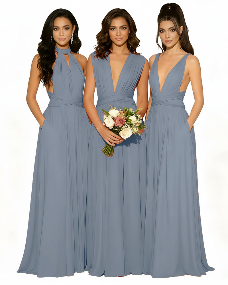 Versatile Bridesmaid Maxi Inifity Dress with Convertible Straps and Pockets Regular Plus size Wedding Bridal Party Bridemaids Gowndusty blue 