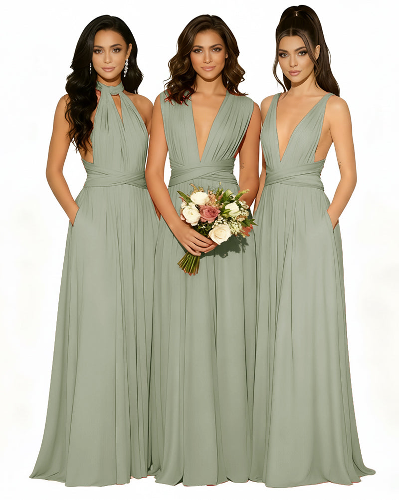 Versatile Bridesmaid Maxi Inifity Dress with Convertible Straps and Pockets Regular Plus size Wedding Bridal Party Bridemaids Gowndusty sage 