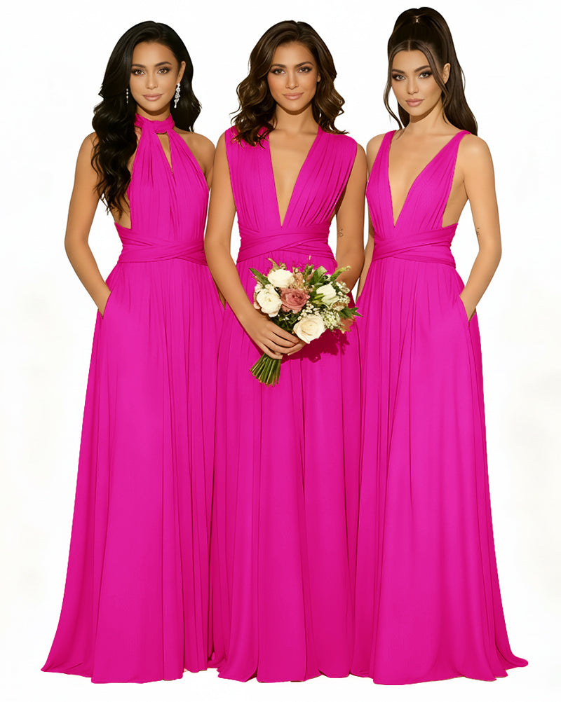 Versatile Bridesmaid Maxi Inifity Dress with Convertible Straps and Pockets Regular Plus size Wedding Bridal Party Bridemaids Gownfuchsia 