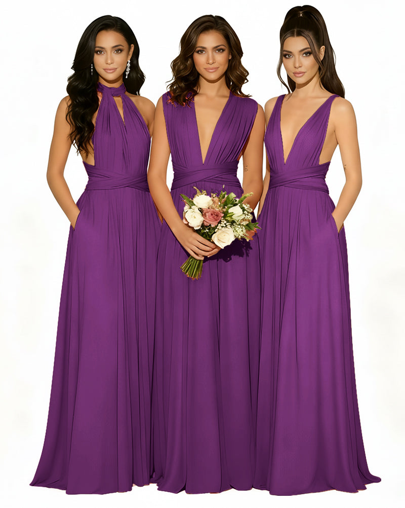 Versatile Bridesmaid Maxi Inifity Dress with Convertible Straps and Pockets Regular Plus size Wedding Bridal Party Bridemaids Gowngrape 