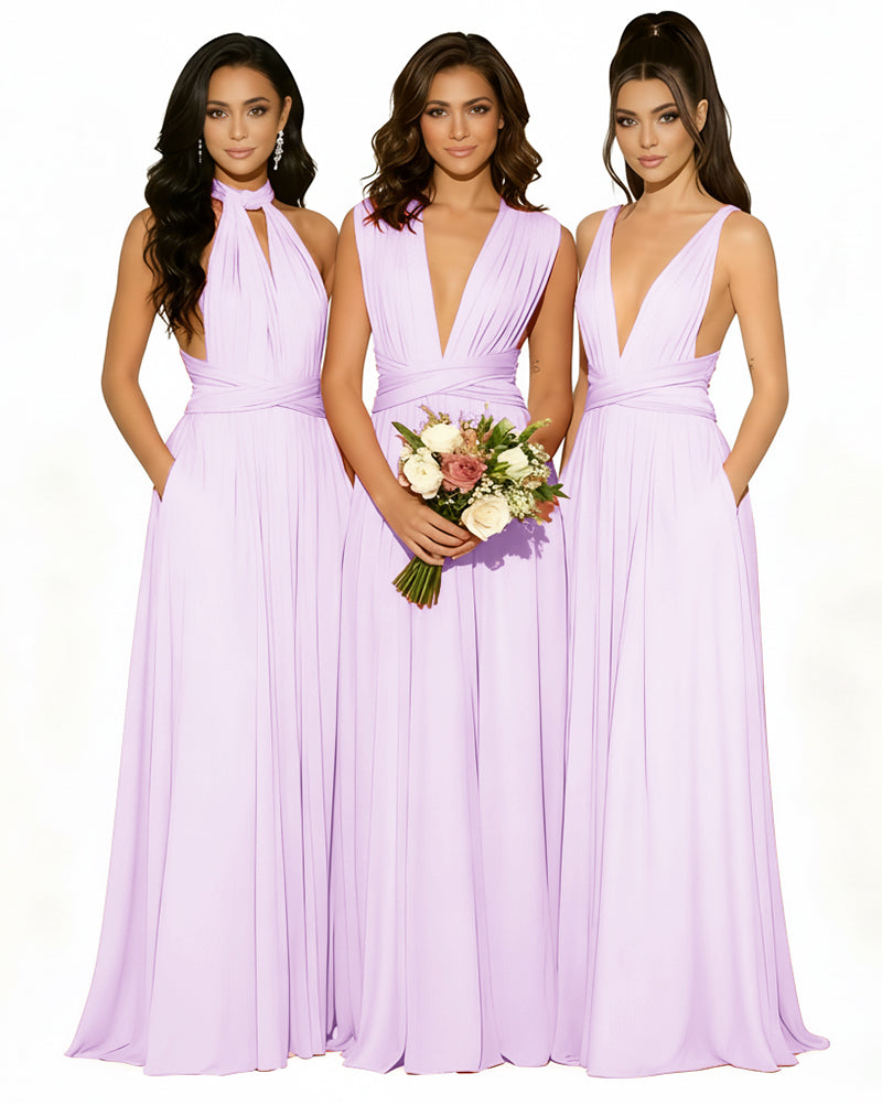 Versatile Bridesmaid Maxi Inifity Dress with Convertible Straps and Pockets Regular Plus size Wedding Bridal Party Bridemaids Gownlilac 