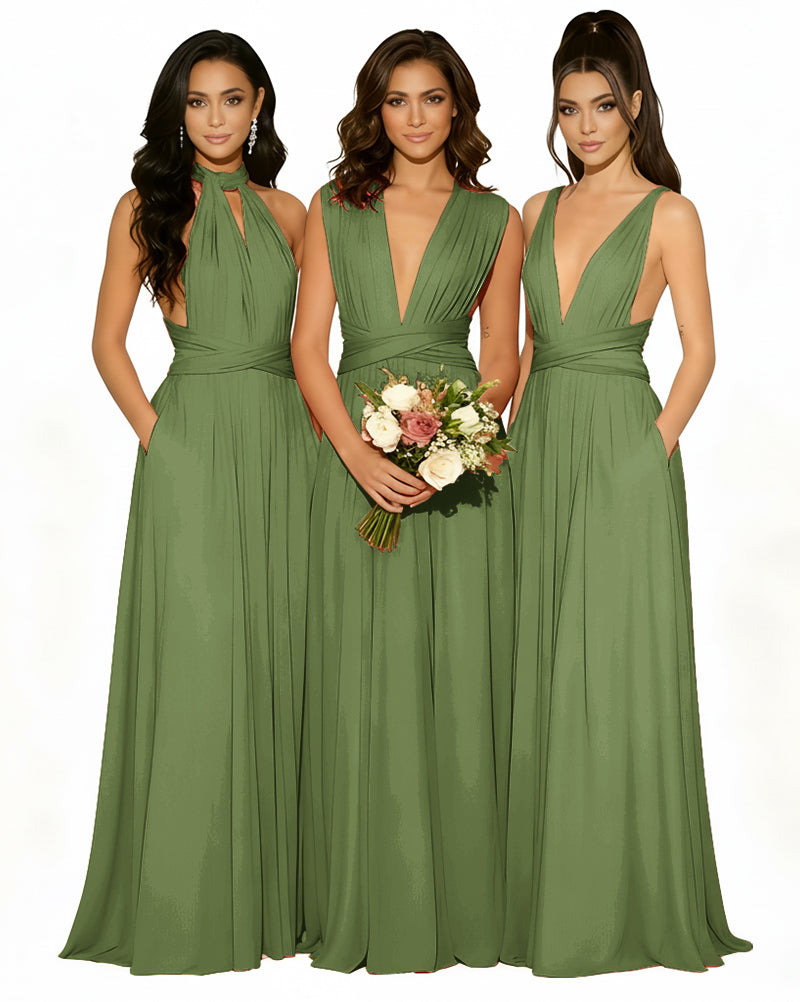 Versatile Bridesmaid Maxi Inifity Dress with Convertible Straps and Pockets Regular Plus size Wedding Bridal Party Bridemaids Gownolive 