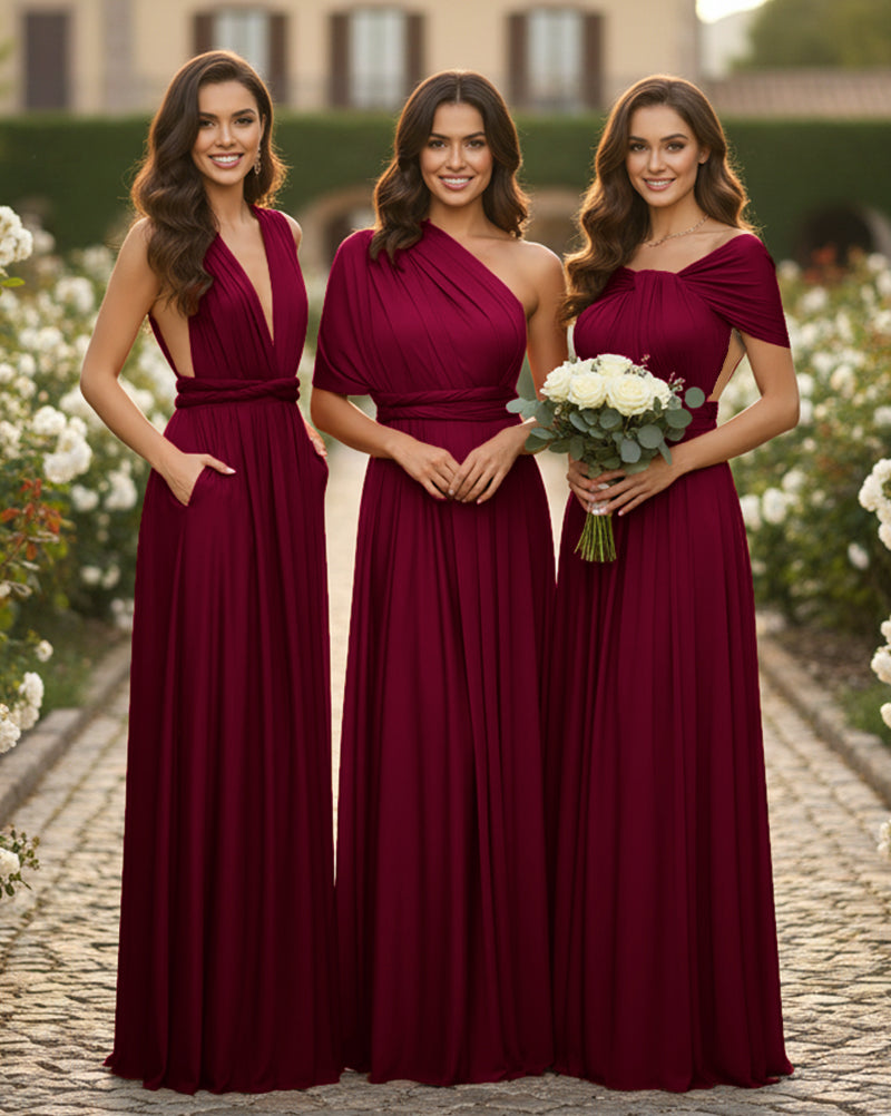 Convertible Maxi Dress With Pockets Regular Plus size Wedding Bridal Party Bridemaids Gownburgundy 