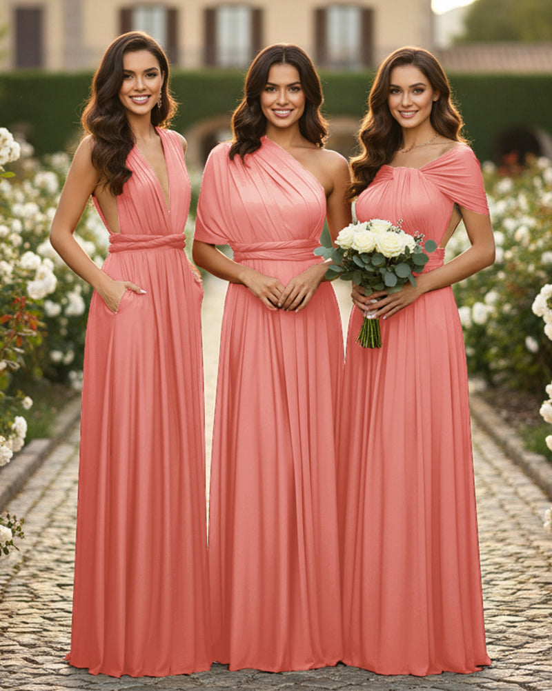 Convertible Maxi Dress With Pockets Regular Plus size Wedding Bridal Party Bridemaids Gowncoral 