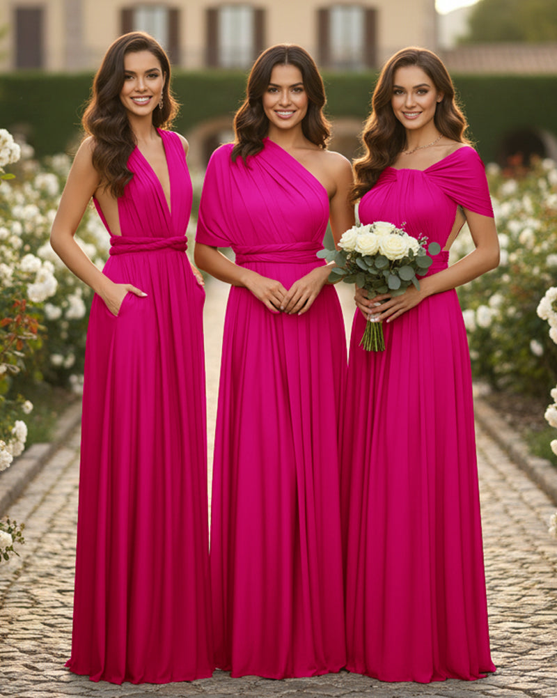 Convertible Maxi Dress With Pockets Regular Plus size Wedding Bridal Party Bridemaids Gownfuchsia 