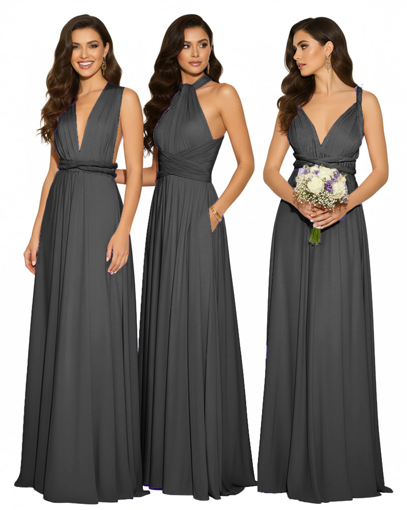 Multi-Way Maxi Infinity Dress With Pockets Regular Plus size Wedding Bridal Party Bridemaids Gownblack 