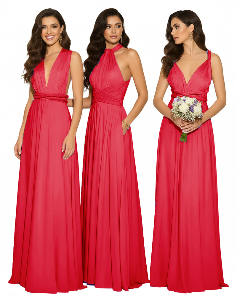 Multi-Way Maxi Infinity Dress With Pockets Regular Plus size Wedding Bridal Party Bridemaids Gownred 