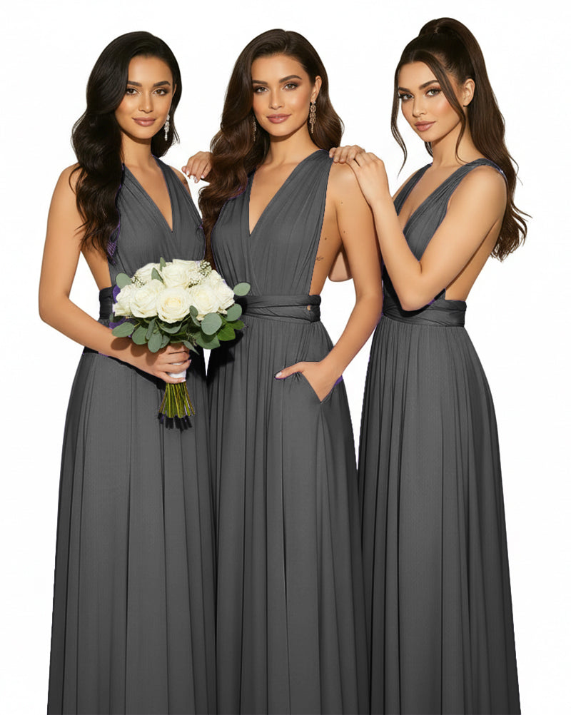 Multiway Convertible Wrap Infinity Dress with Pockets Regular Plus size Wedding Bridal Party Bridemaids Gownblack 