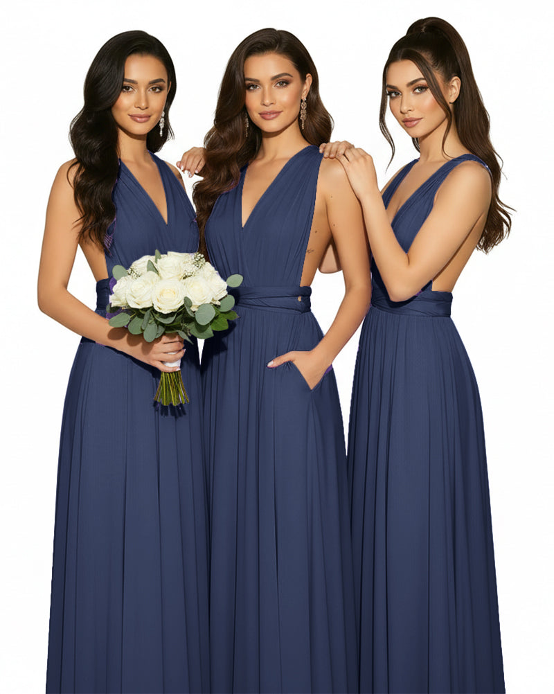 Multiway Convertible Wrap Infinity Dress with Pockets Regular Plus size Wedding Bridal Party Bridemaids Gowndark navy 