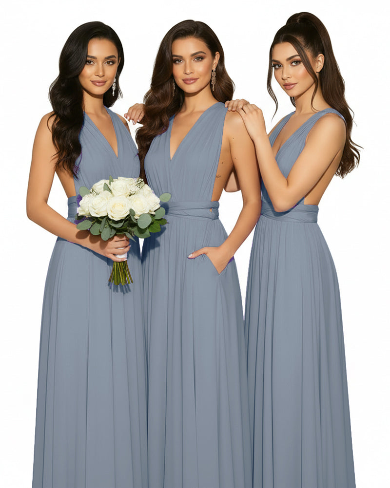 Multiway Convertible Wrap Infinity Dress with Pockets Regular Plus size Wedding Bridal Party Bridemaids Gowndusty blue 