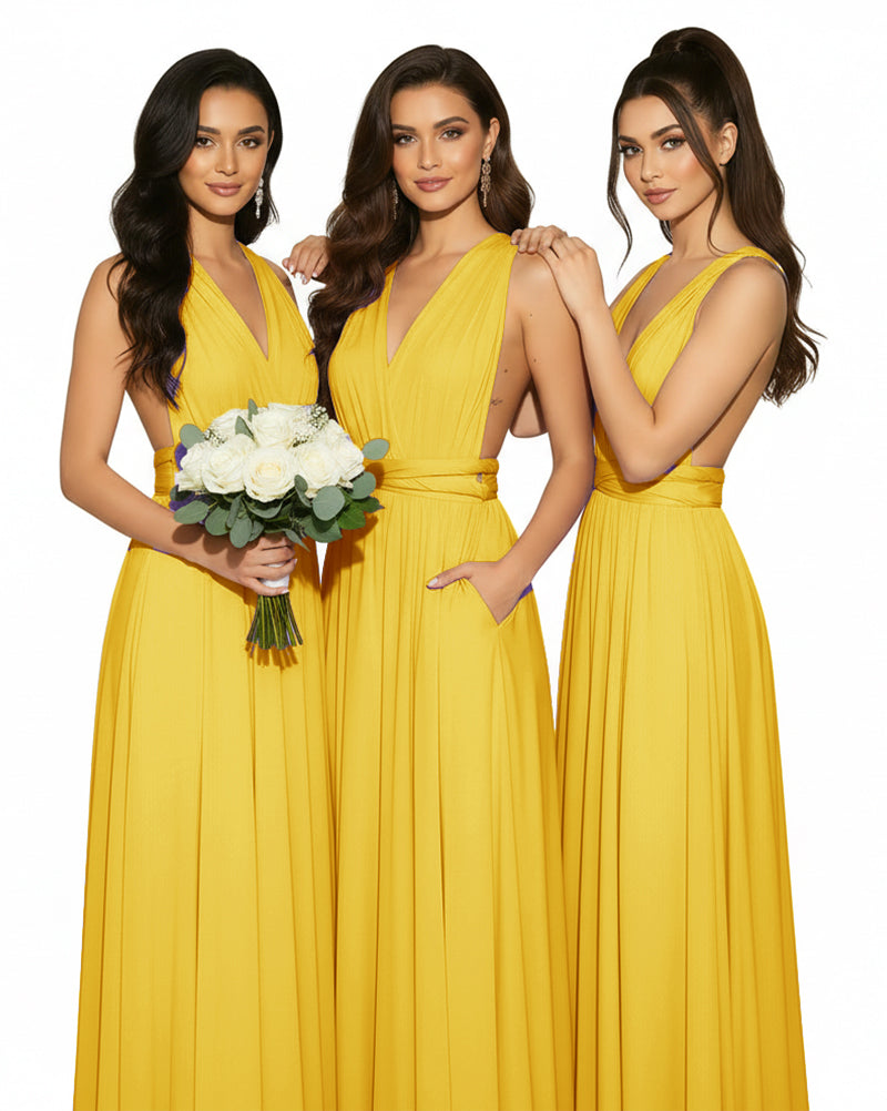 Multiway Convertible Wrap Infinity Dress with Pockets Regular Plus size Wedding Bridal Party Bridemaids Gownmustard yellow 