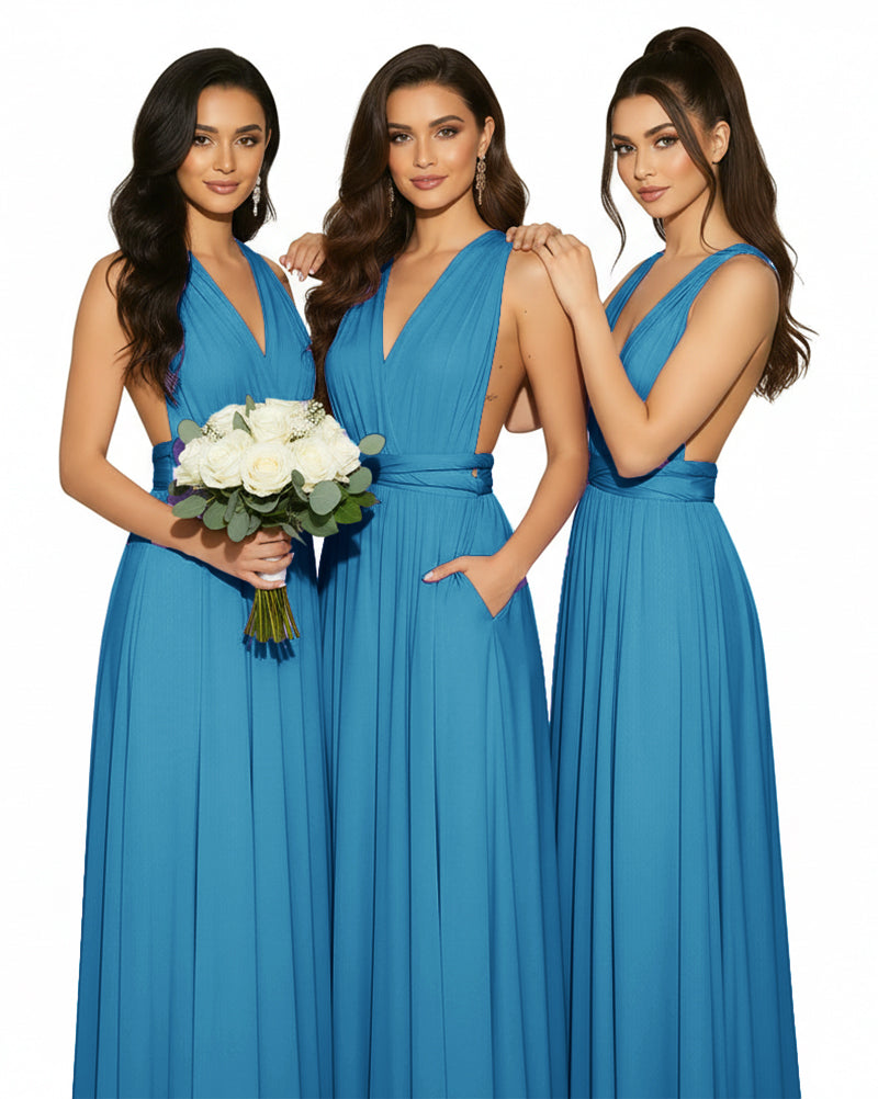 Multiway Convertible Wrap Infinity Dress with Pockets Regular Plus size Wedding Bridal Party Bridemaids Gownpeacock blue 
