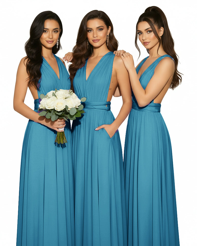 Multiway Convertible Wrap Infinity Dress with Pockets Regular Plus size Wedding Bridal Party Bridemaids Gownteal blue 