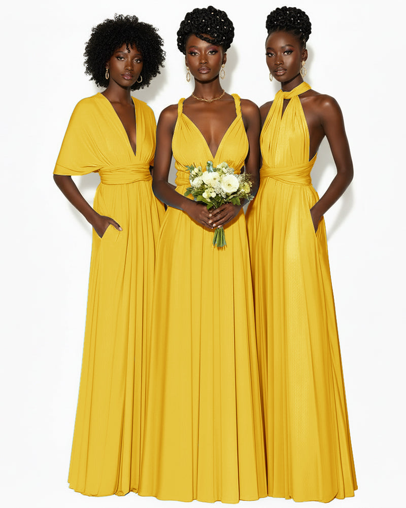 Convertible Infinity Dress with Pockets Regular Plus size Wedding Bridal Party Bridemaids Gown mustard yellow 