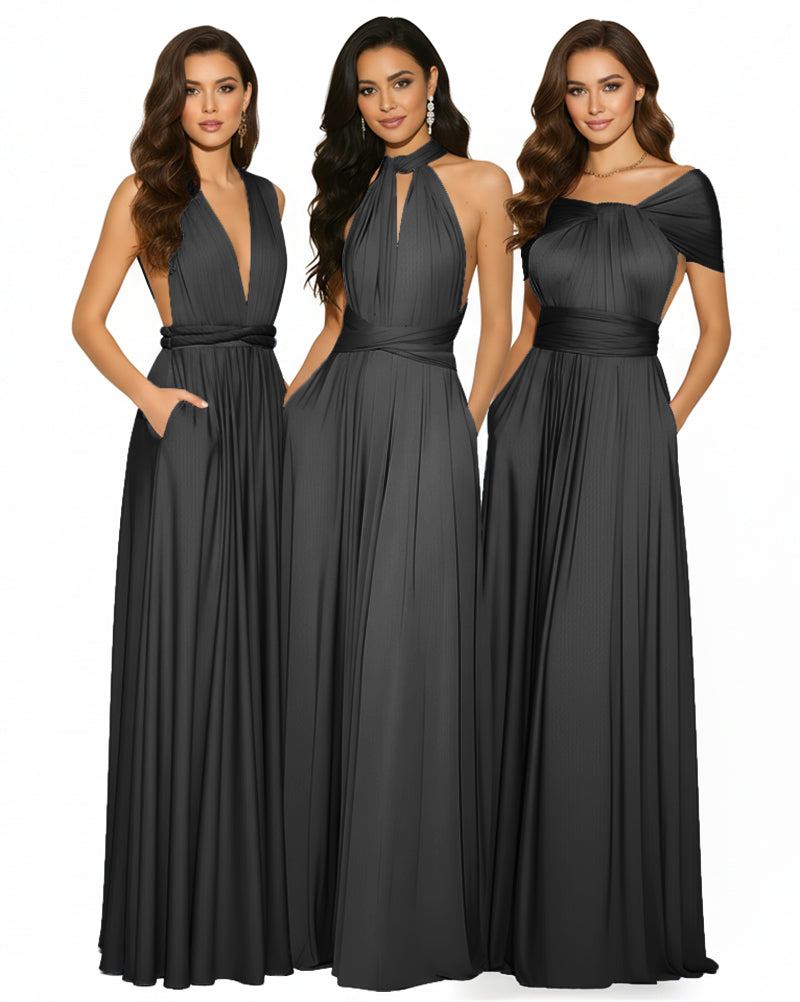 Multiway Convertible Infinity Maxi Dress with Pockets Regular Plus size Wedding Bridal Party Bridemaids Gown black 