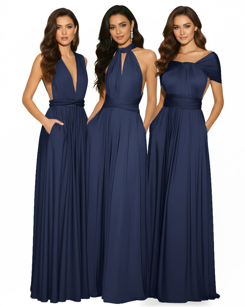 Multiway Convertible Infinity Maxi Dress with Pockets Regular Plus size Wedding Bridal Party Bridemaids Gown dark navy 
