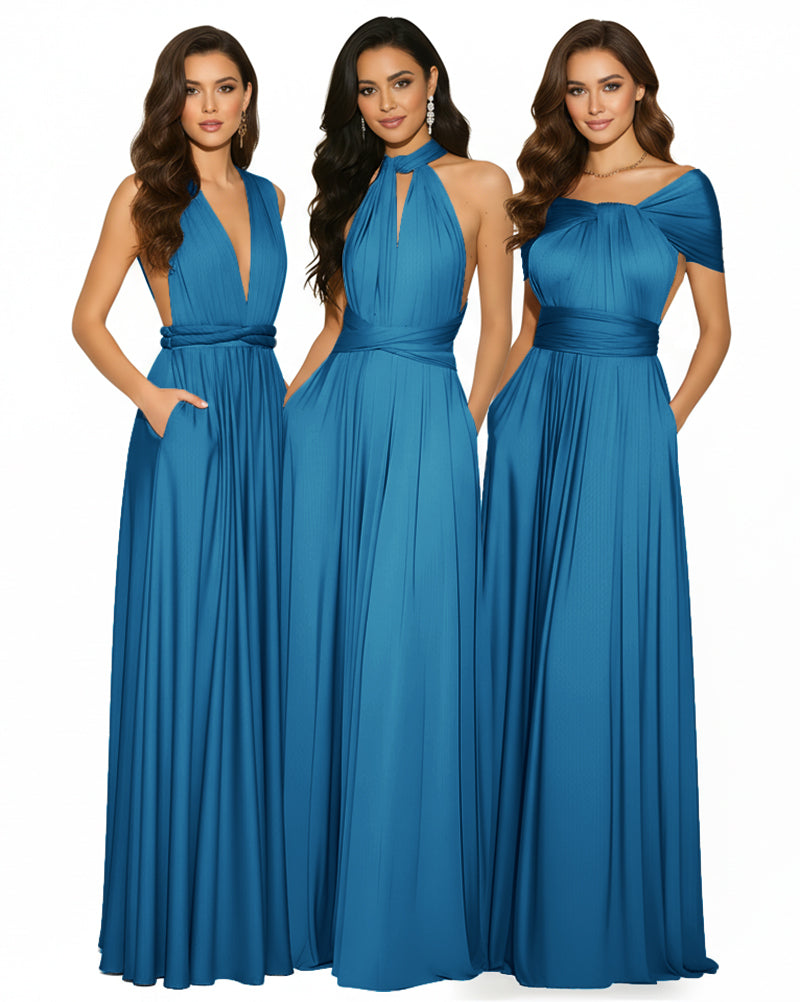 Multiway Convertible Infinity Maxi Dress with Pockets Regular Plus size Wedding Bridal Party Bridemaids Gown peacock blue 