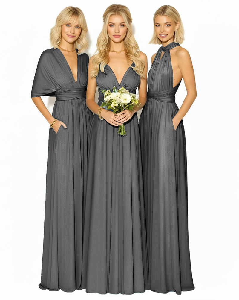 Multi-Way Convertible Infinity Dress with Pockets Regular Plus size Wedding Bridal Party Bridemaids Gownblack 
