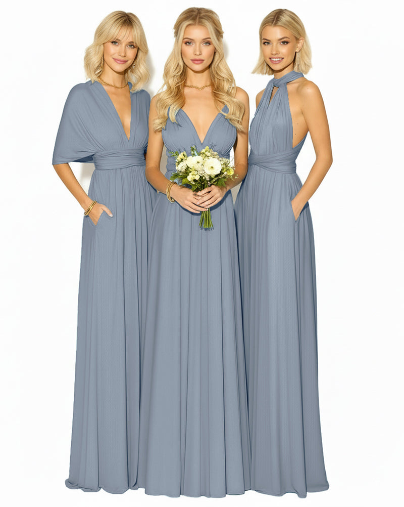 Multi-Way Convertible Infinity Dress with Pockets Regular Plus size Wedding Bridal Party Bridemaids Gowndusty blue 