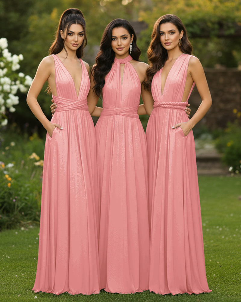 Transformable Bridesmaid Maxi Convertible Infinity Dress with Pockets Regular Plus size Wedding Bridal Party Bridemaids Gown blushing pink 