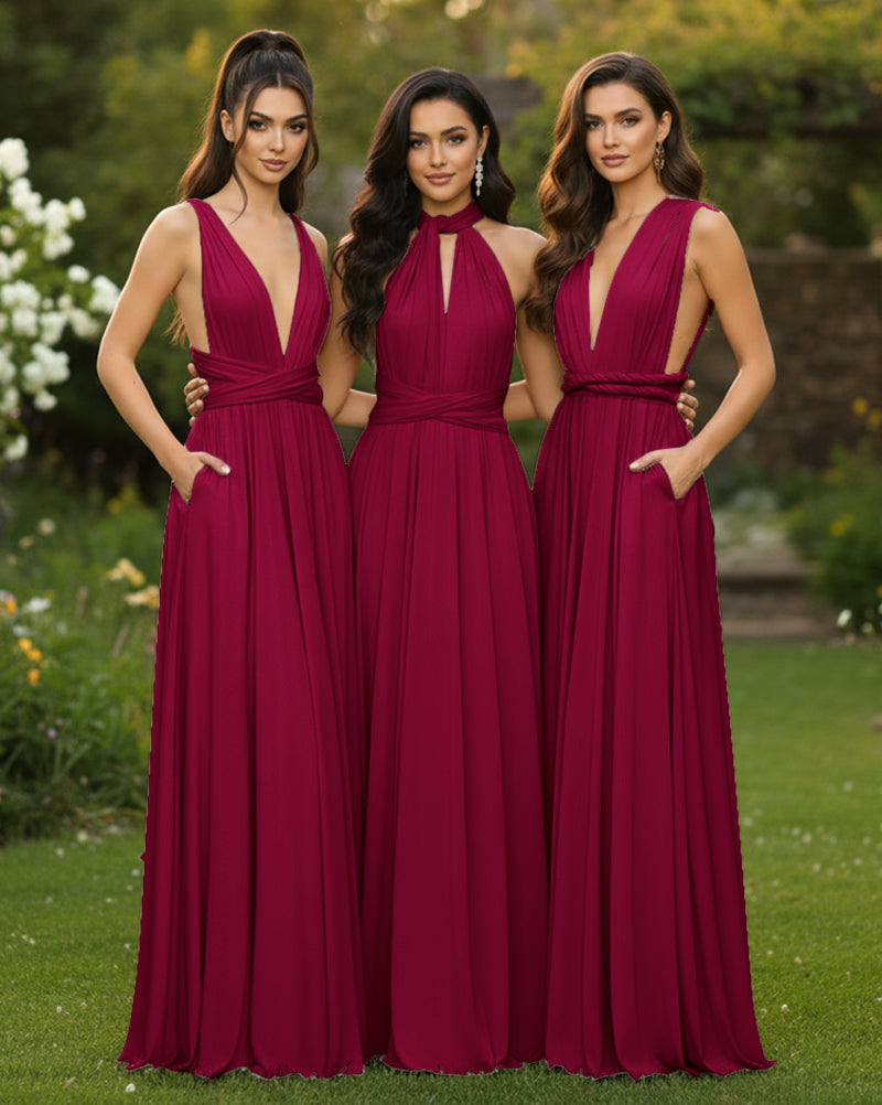Transformable Bridesmaid Maxi Convertible Infinity Dress with Pockets Regular Plus size Wedding Bridal Party Bridemaids Gown burgundy 