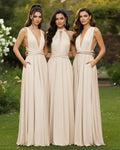 Transformable Bridesmaid Maxi Convertible Infinity Dress with Pockets Regular Plus size Wedding Bridal Party Bridemaids Gown champagne 
