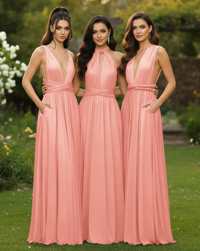 Transformable Bridesmaid Maxi Convertible Infinity Dress with Pockets Regular Plus size Wedding Bridal Party Bridemaids Gown coral 