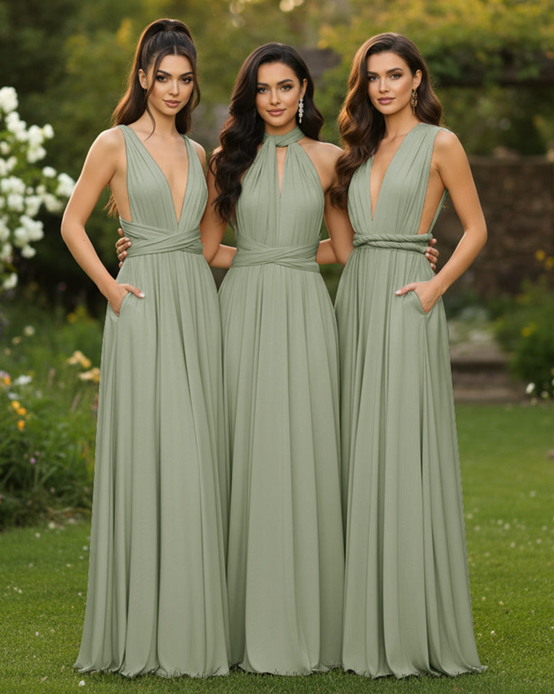 Transformable Bridesmaid Maxi Convertible Infinity Dress with Pockets Regular Plus size Wedding Bridal Party Bridemaids Gown dusty sage 