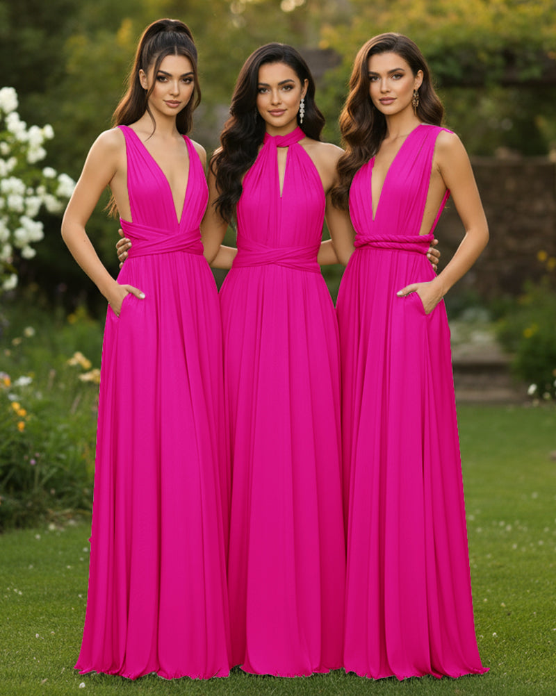 Transformable Bridesmaid Maxi Convertible Infinity Dress with Pockets Regular Plus size Wedding Bridal Party Bridemaids Gown fuchsia 