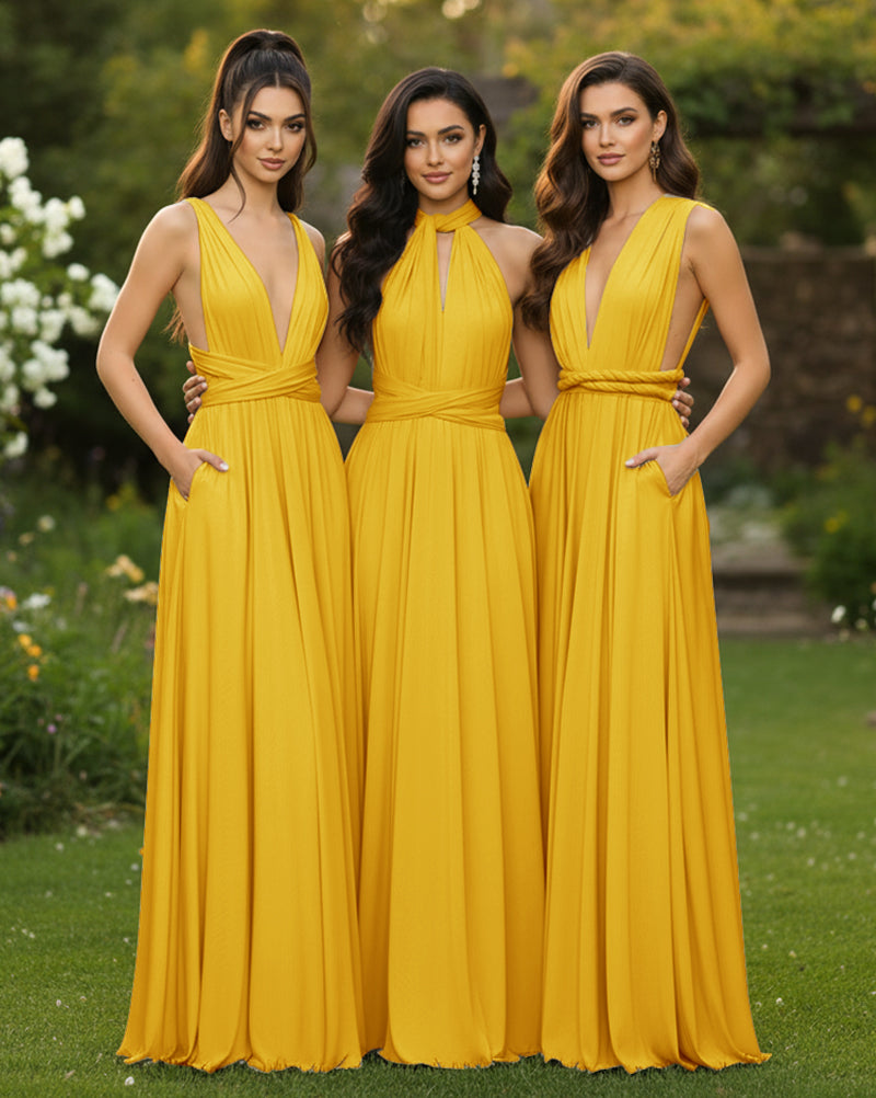 Transformable Bridesmaid Maxi Convertible Infinity Dress with Pockets Regular Plus size Wedding Bridal Party Bridemaids Gown mustard yellow 