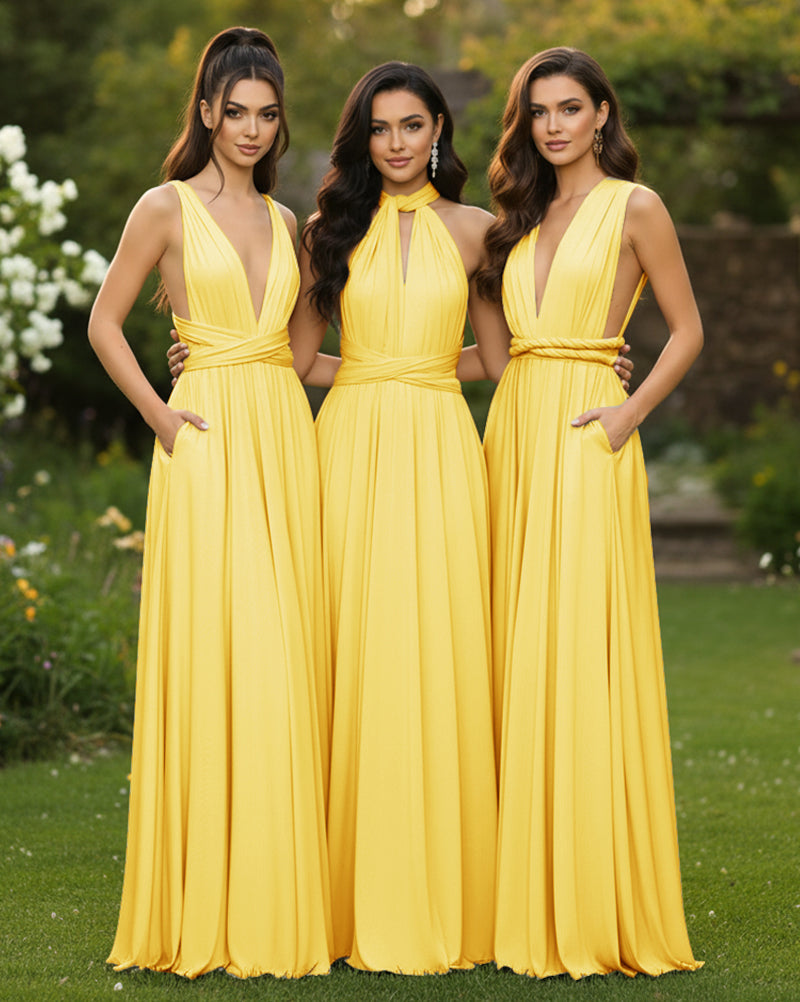 Transformable Bridesmaid Maxi Convertible Infinity Dress with Pockets Regular Plus size Wedding Bridal Party Bridemaids Gown yellow 