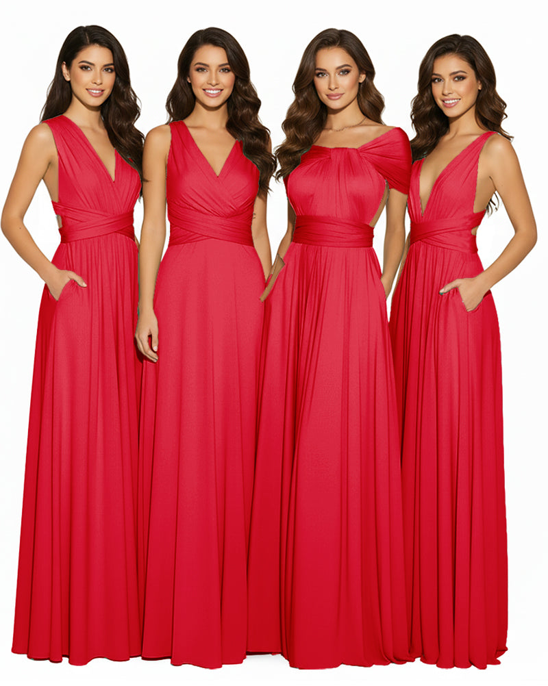 Transformable Bridesmaid Maxi Convertible Infinity Gown dress with Pockets Regular Plus size Wedding Bridal Party Bridemaids Gownred 